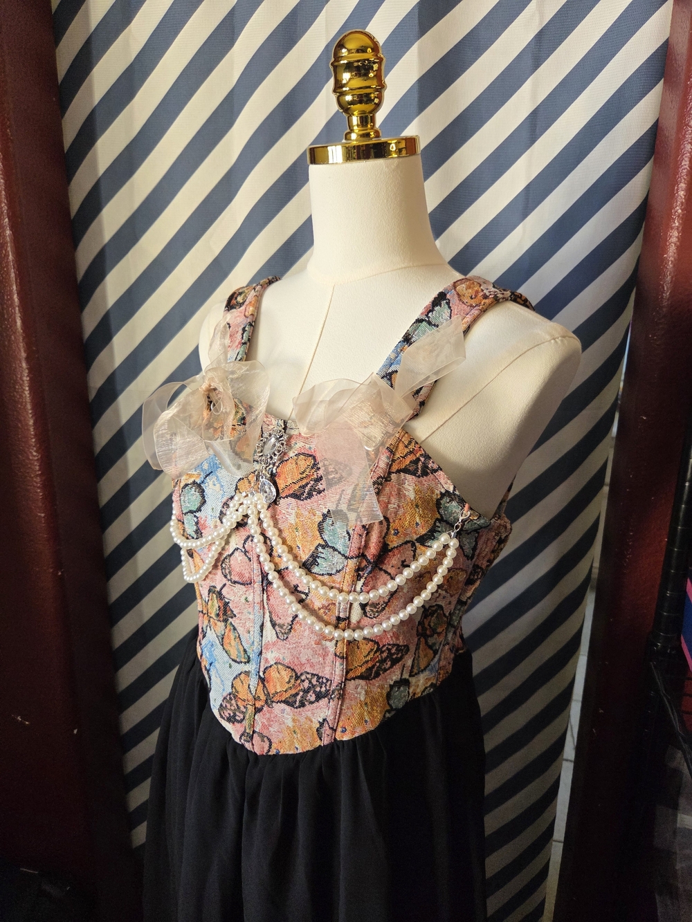 SHEIN Pink and Blue Butterfly Corset Top with Pearl Chains